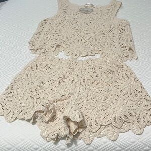 Beige Crochet Lace Two-Piece Set